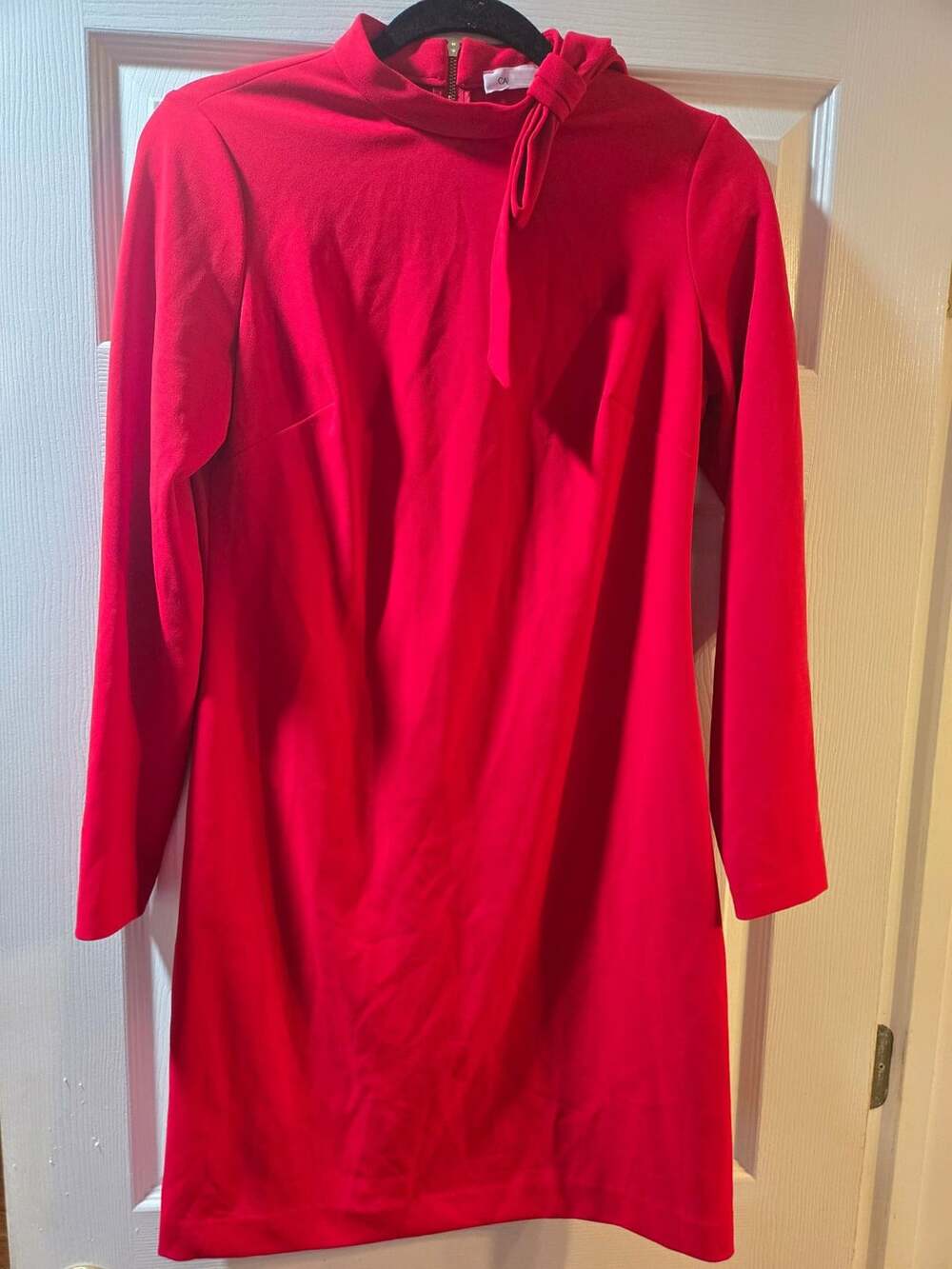 Calvin Klein Tie-Neck Dress Size 6 Red Scuba Crepe Long Sleeve